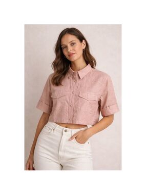 Choosy Dusty Blush Pink Cropped Collared Western Shirt Size Large
